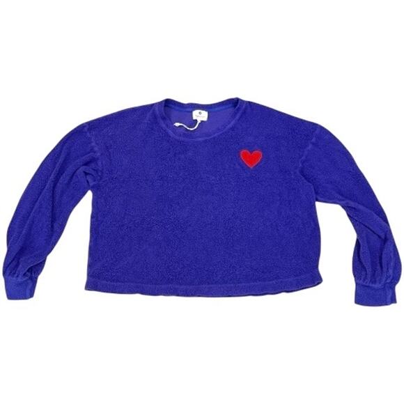 Sundry 1 S Heart Faux Sherpa Sweatshirt Blue Embroidered Pullover Soft TeddyBear - Picture 2 of 10